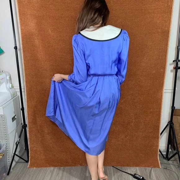 Vintage Joan Sparks Pleated Collared Prairie Blue Midi A-Line Dress, Size M. - Picture 3 of 4